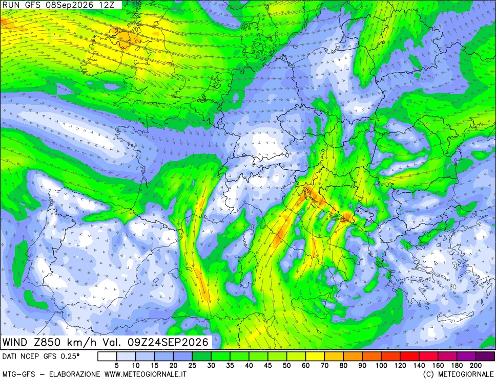 mappa 850 hPa Vento forza e direzione