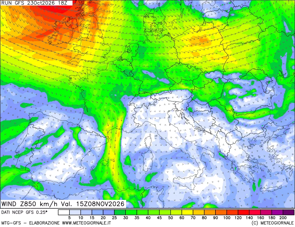 mappa 850 hPa Vento forza e direzione