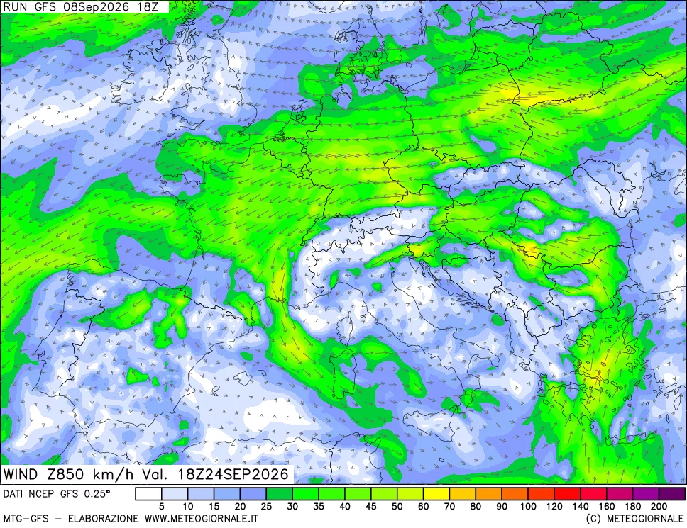 mappa 850 hPa Vento forza e direzione