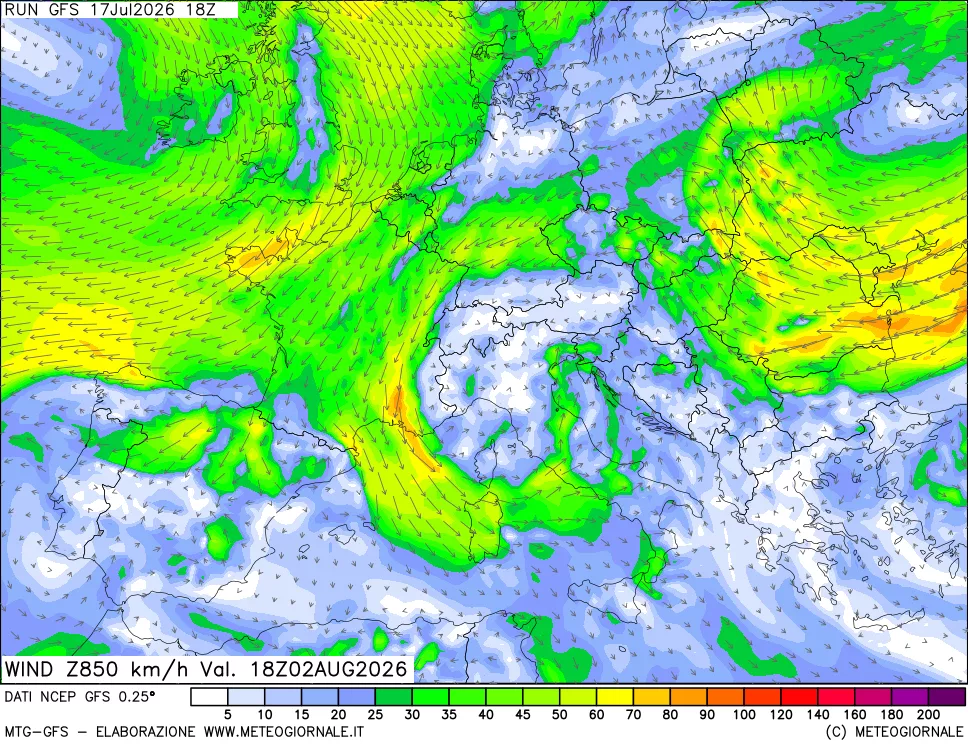 mappa 850 hPa Vento forza e direzione