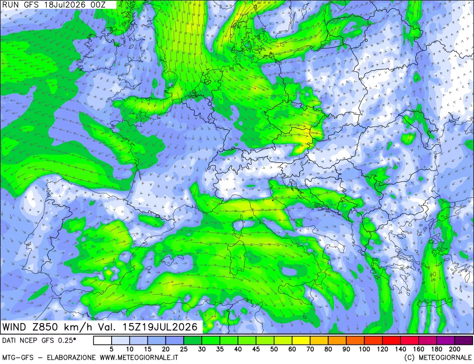 mappa 850 hPa Vento forza e direzione