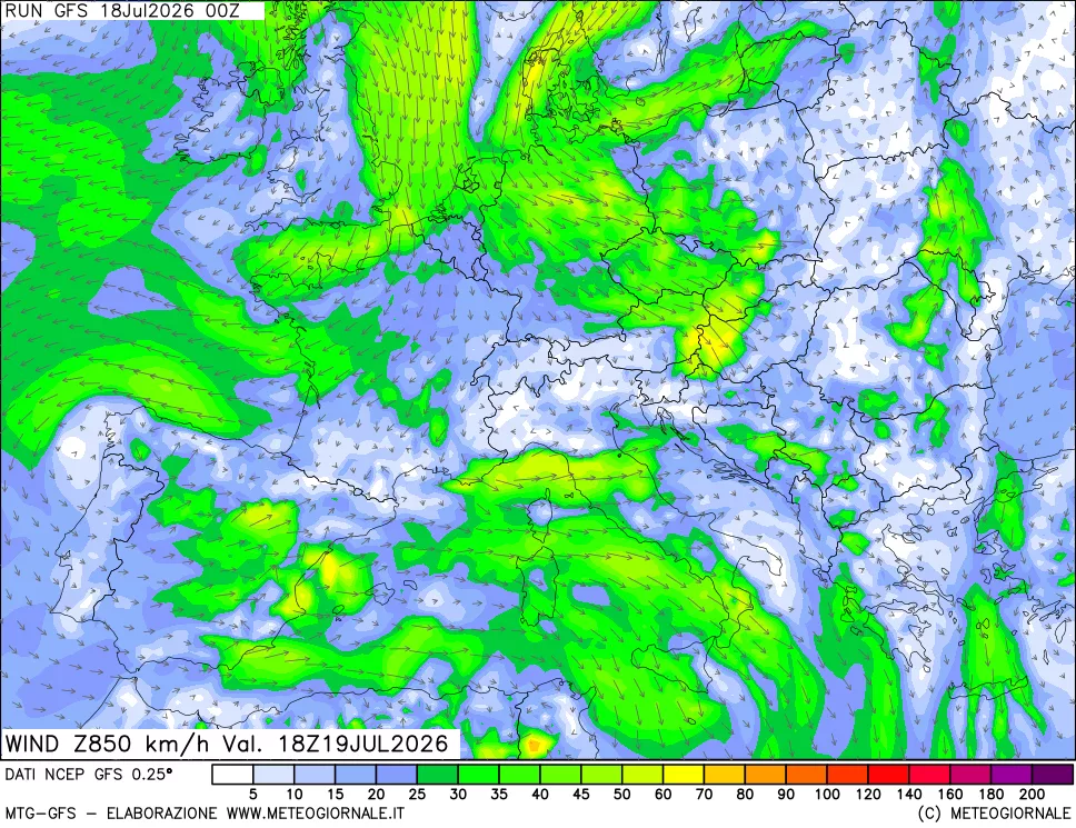 mappa 850 hPa Vento forza e direzione