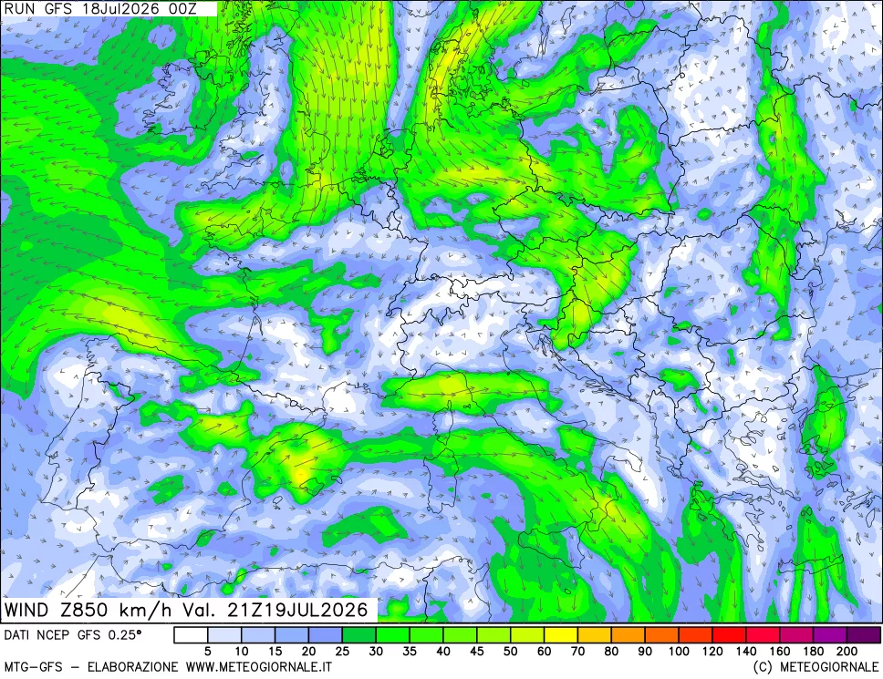 mappa 850 hPa Vento forza e direzione