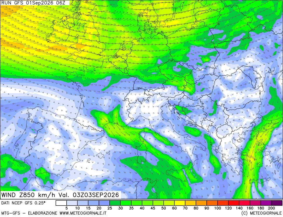 mappa 850 hPa Vento forza e direzione