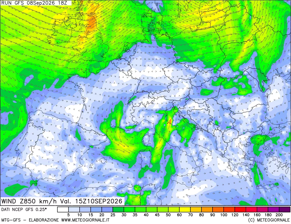 mappa 850 hPa Vento forza e direzione