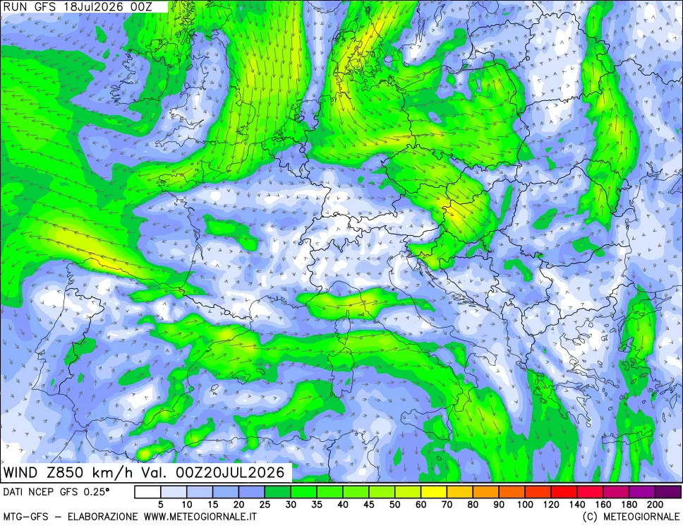 mappa 850 hPa Vento forza e direzione
