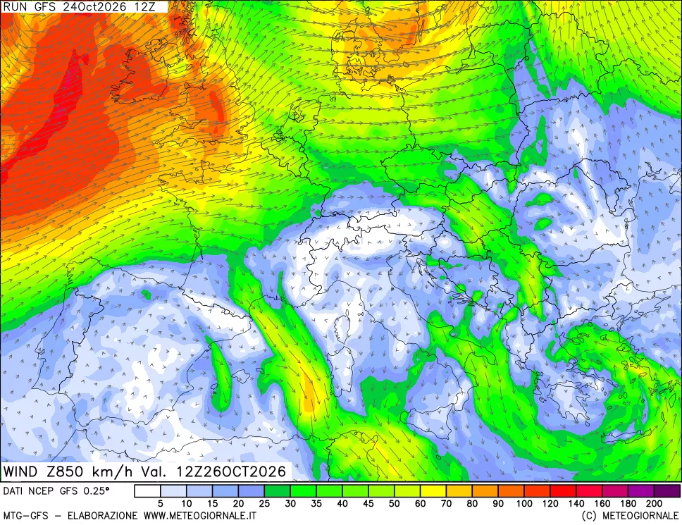 mappa 850 hPa Vento forza e direzione