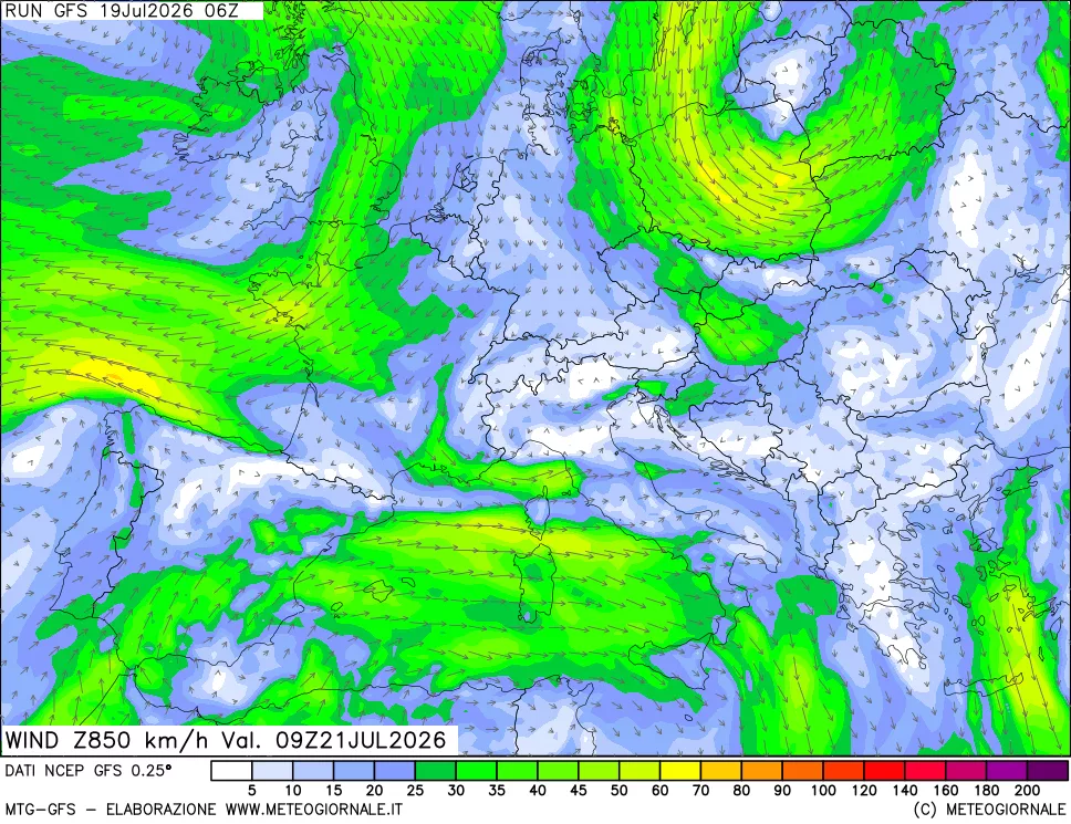 mappa 850 hPa Vento forza e direzione