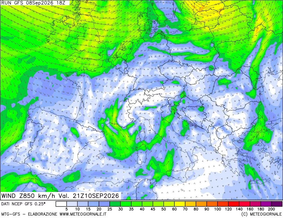 mappa 850 hPa Vento forza e direzione