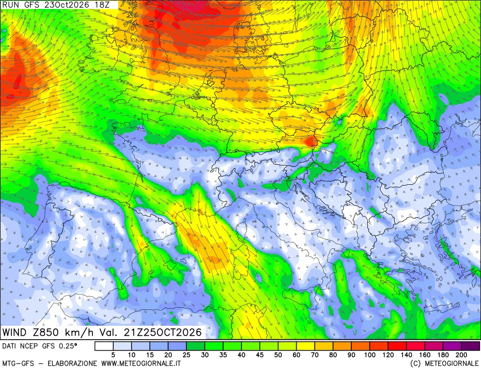 mappa 850 hPa Vento forza e direzione