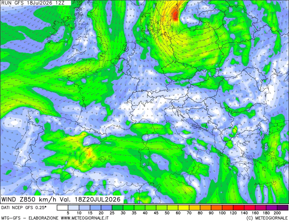 mappa 850 hPa Vento forza e direzione