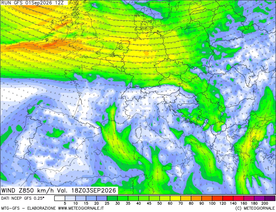 mappa 850 hPa Vento forza e direzione