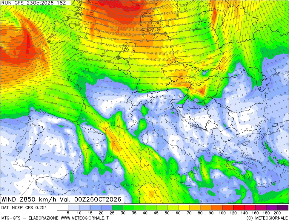 mappa 850 hPa Vento forza e direzione