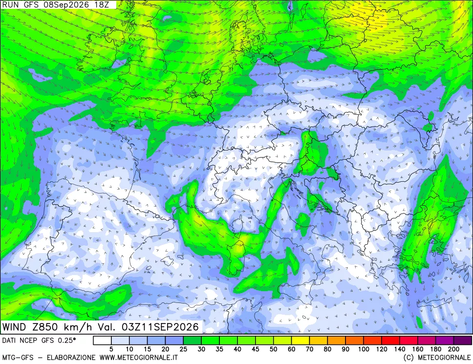 mappa 850 hPa Vento forza e direzione