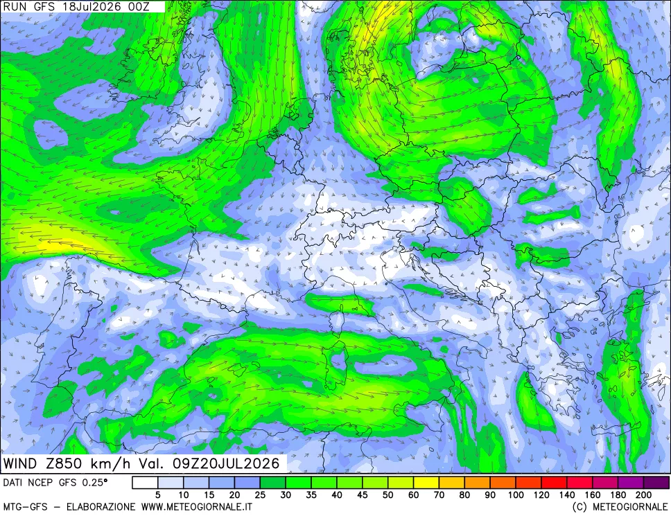 mappa 850 hPa Vento forza e direzione