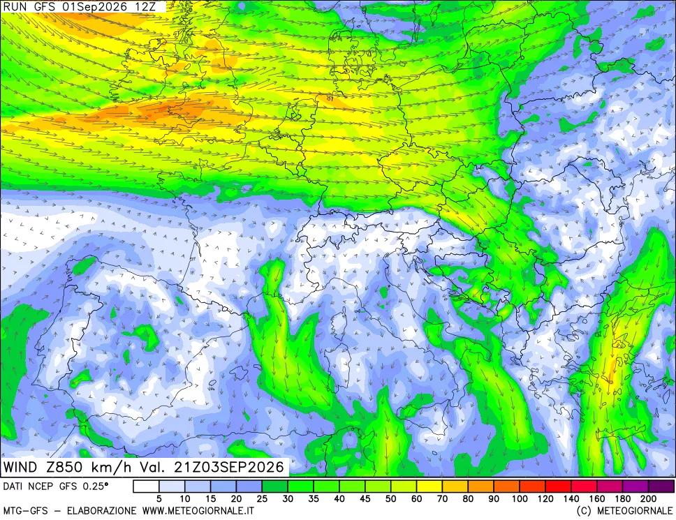 mappa 850 hPa Vento forza e direzione
