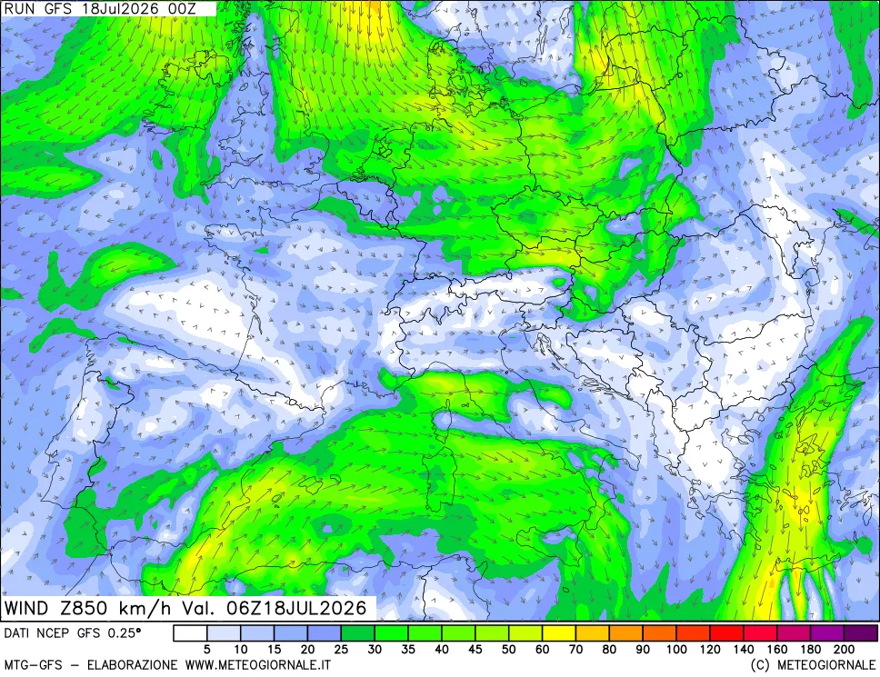 mappa 850 hPa Vento forza e direzione