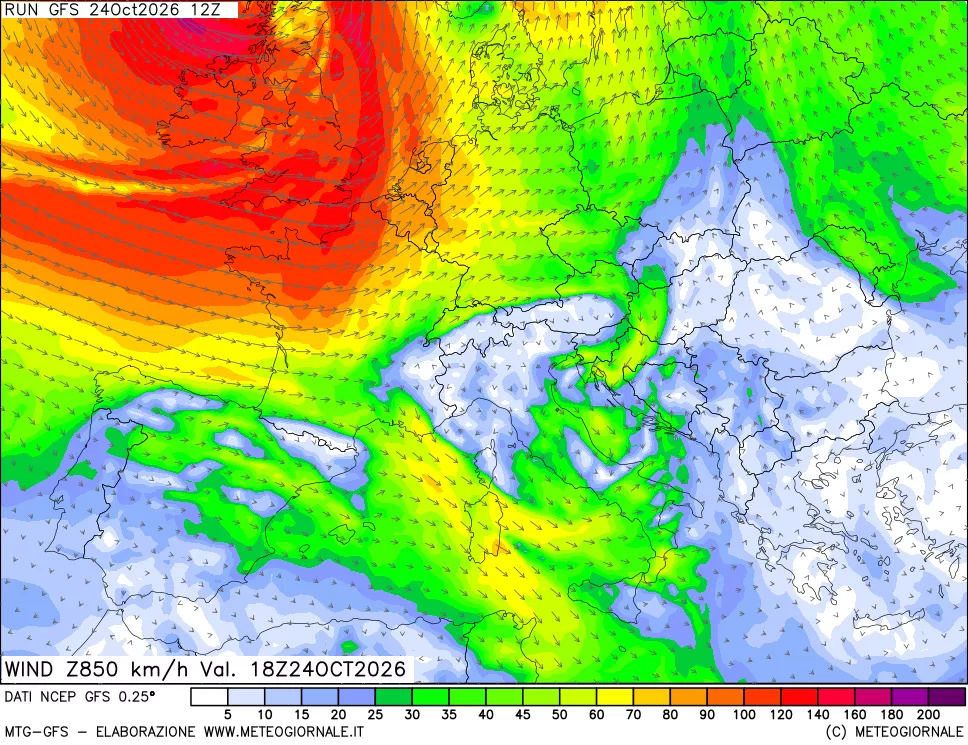 mappa 850 hPa Vento forza e direzione