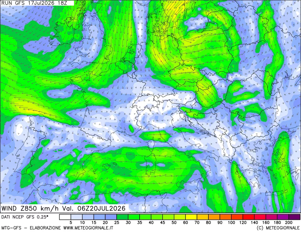 mappa 850 hPa Vento forza e direzione