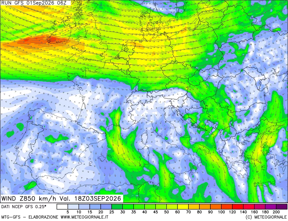 mappa 850 hPa Vento forza e direzione