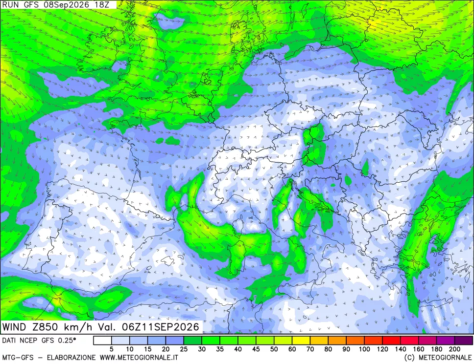 mappa 850 hPa Vento forza e direzione