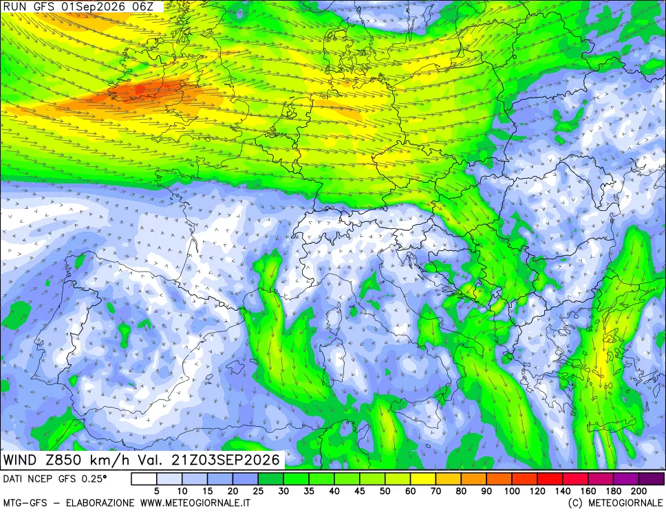 mappa 850 hPa Vento forza e direzione