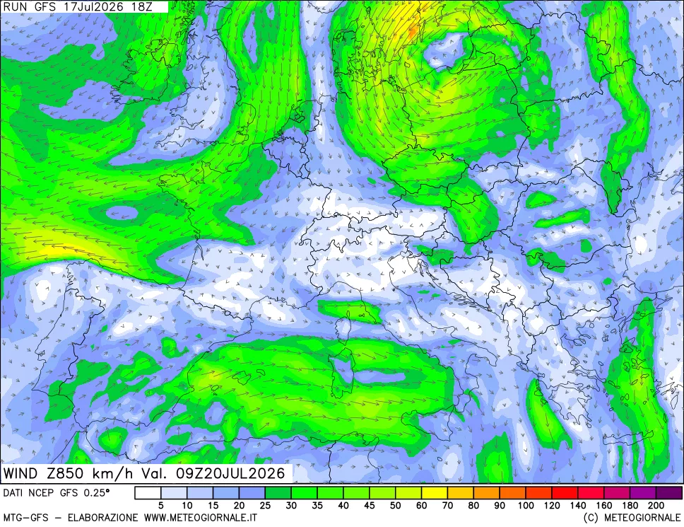 mappa 850 hPa Vento forza e direzione