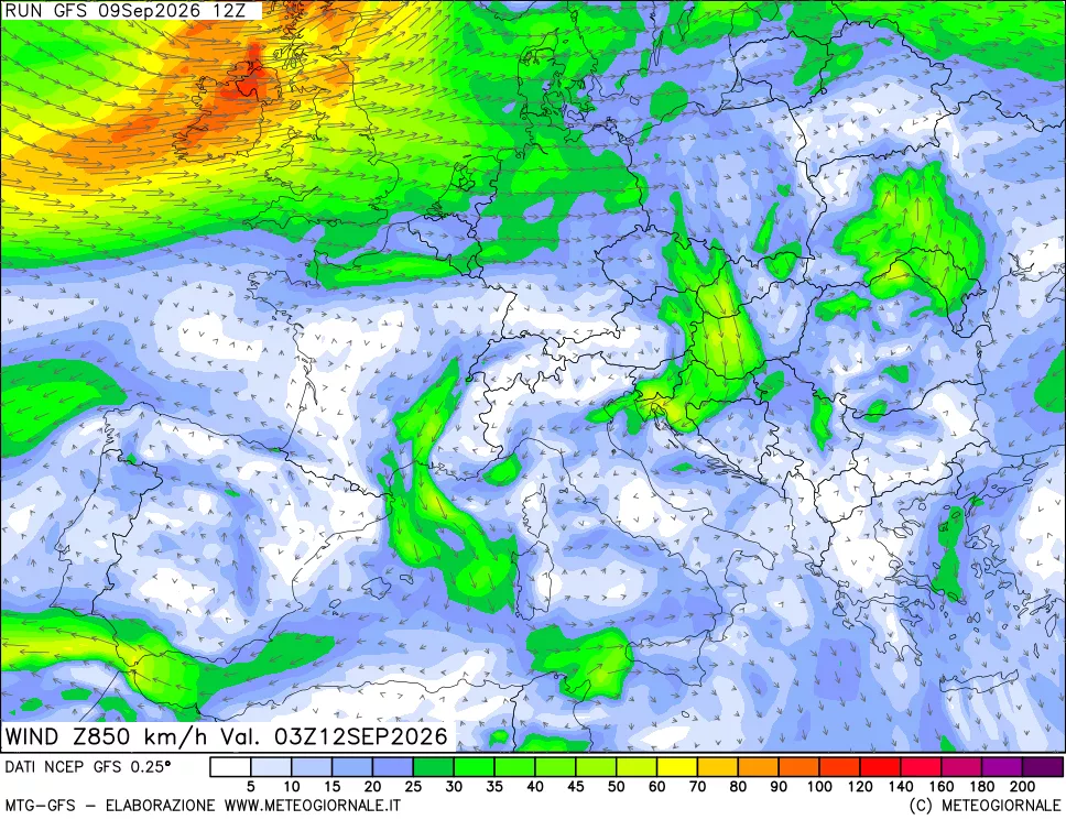 mappa 850 hPa Vento forza e direzione