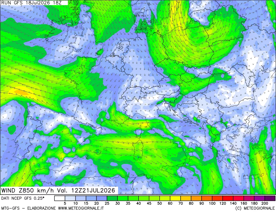 mappa 850 hPa Vento forza e direzione