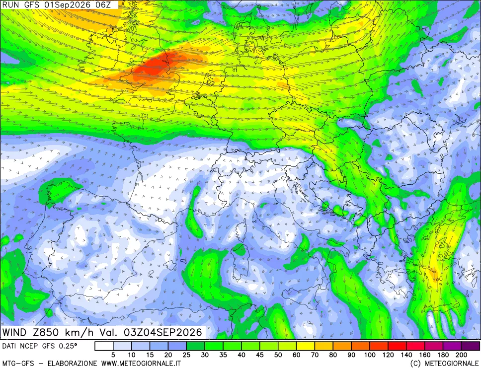 mappa 850 hPa Vento forza e direzione
