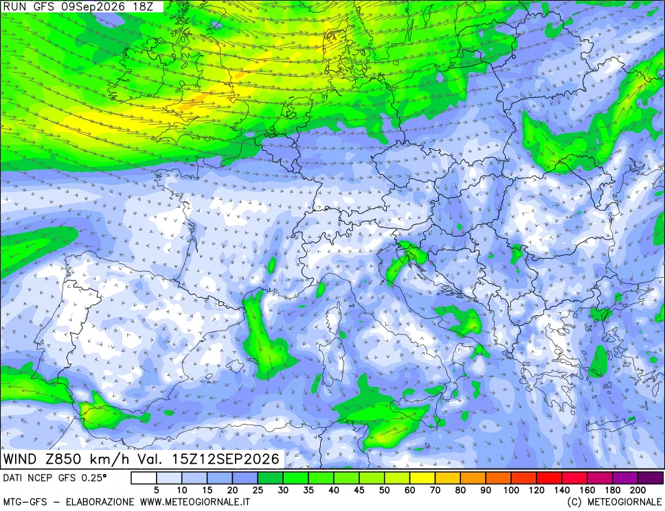 mappa 850 hPa Vento forza e direzione