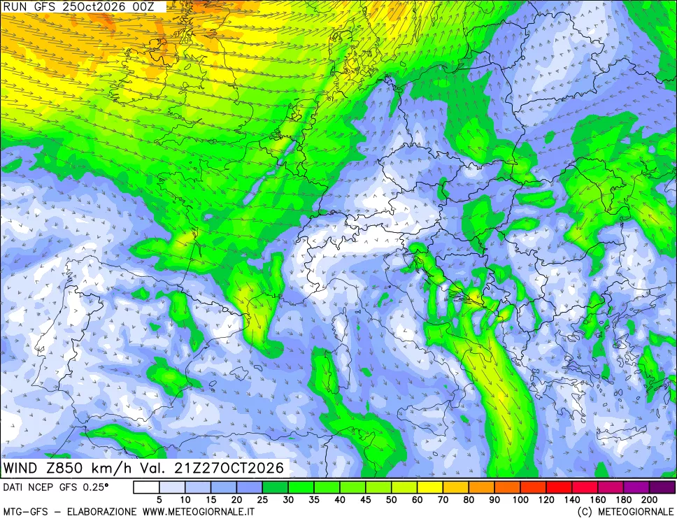 mappa 850 hPa Vento forza e direzione