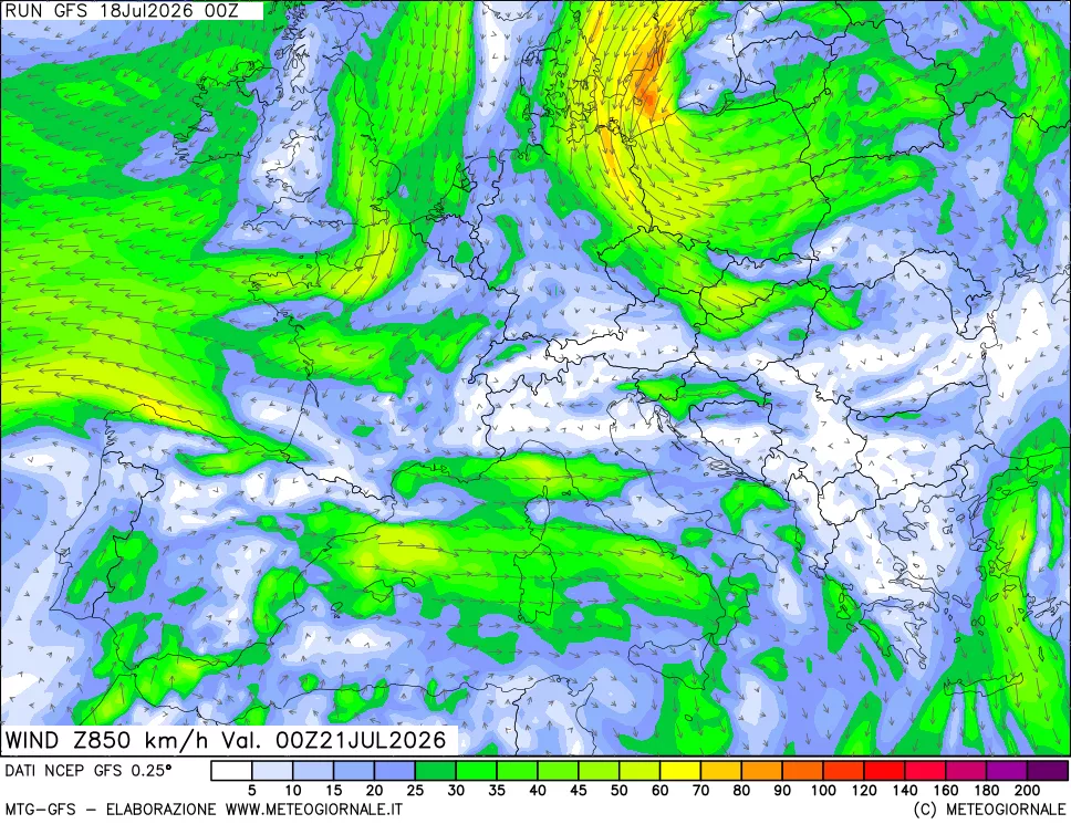 mappa 850 hPa Vento forza e direzione