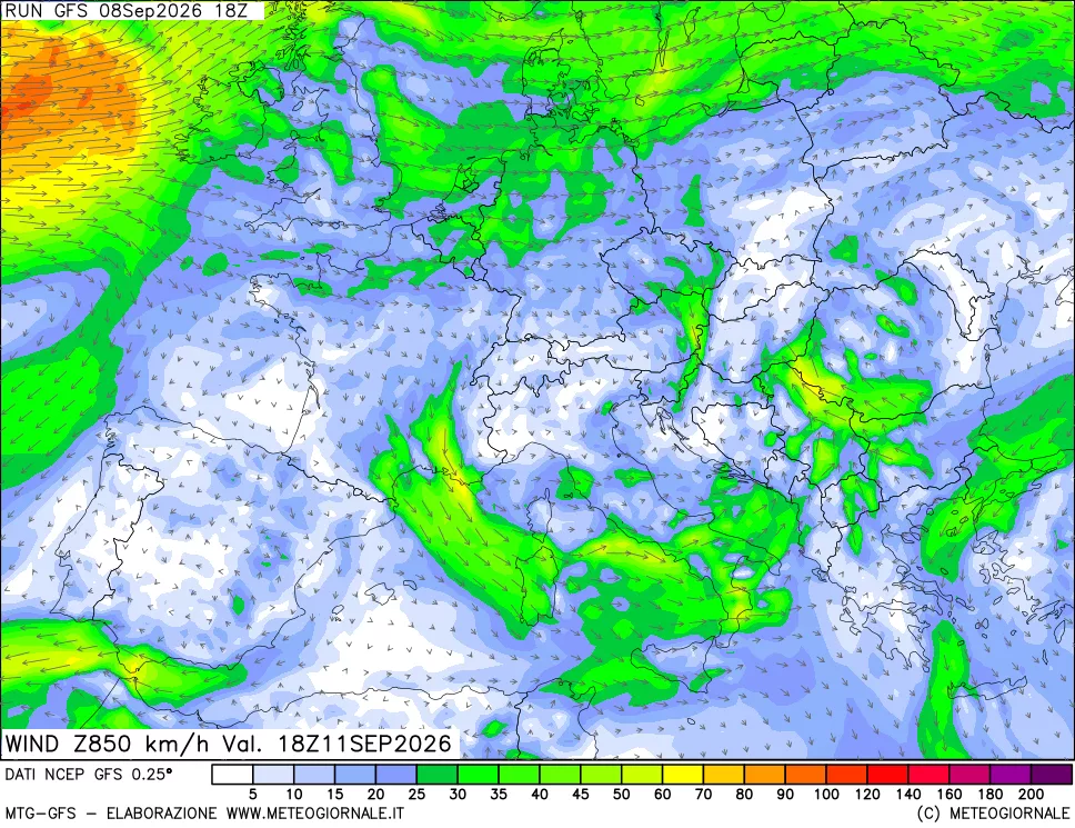 mappa 850 hPa Vento forza e direzione