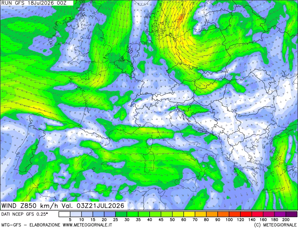 mappa 850 hPa Vento forza e direzione