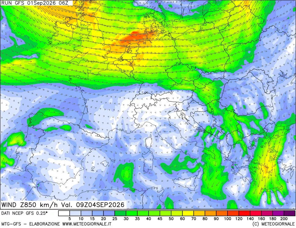 mappa 850 hPa Vento forza e direzione