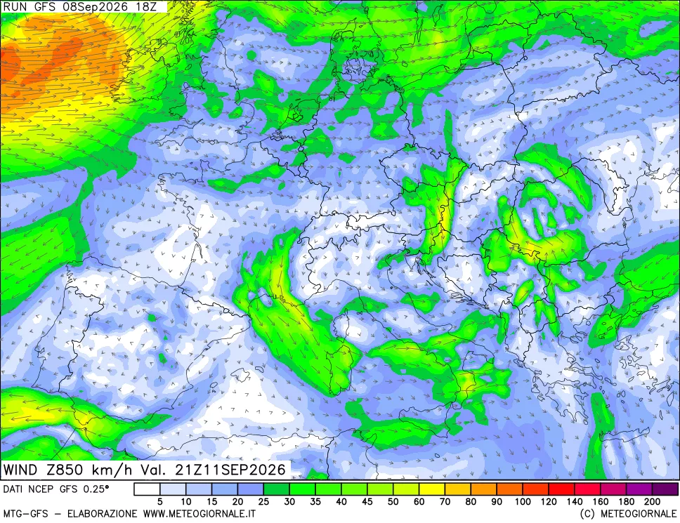 mappa 850 hPa Vento forza e direzione
