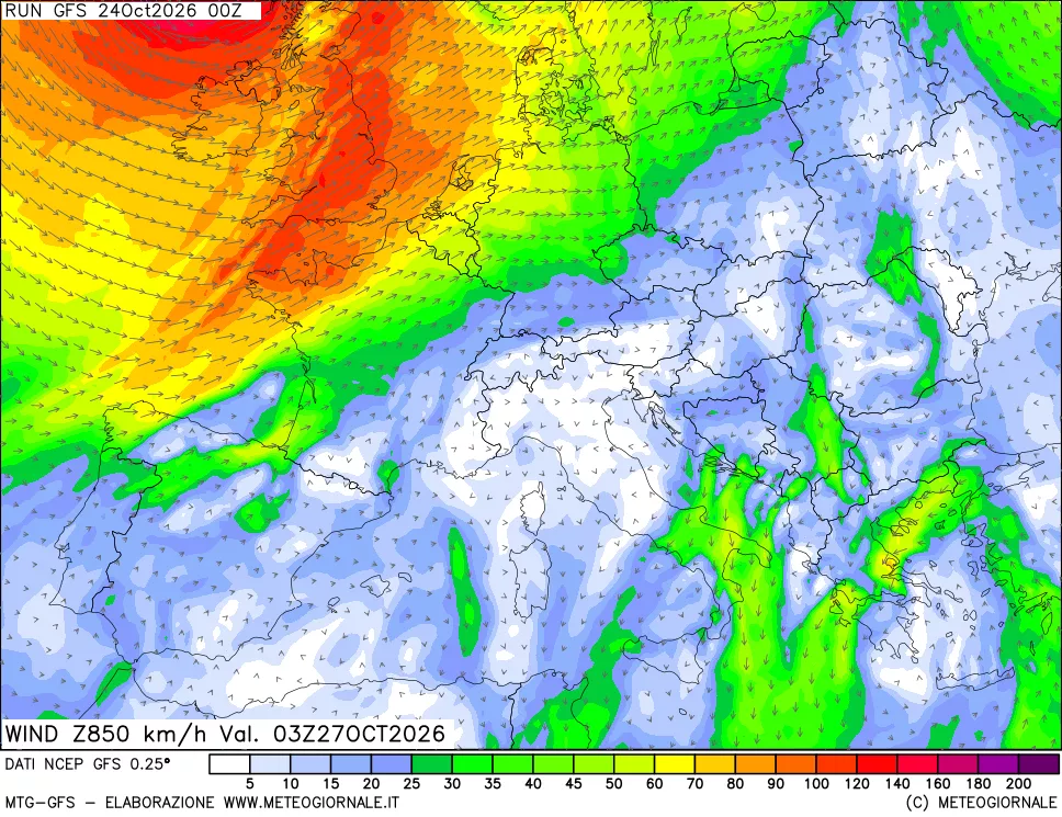 mappa 850 hPa Vento forza e direzione