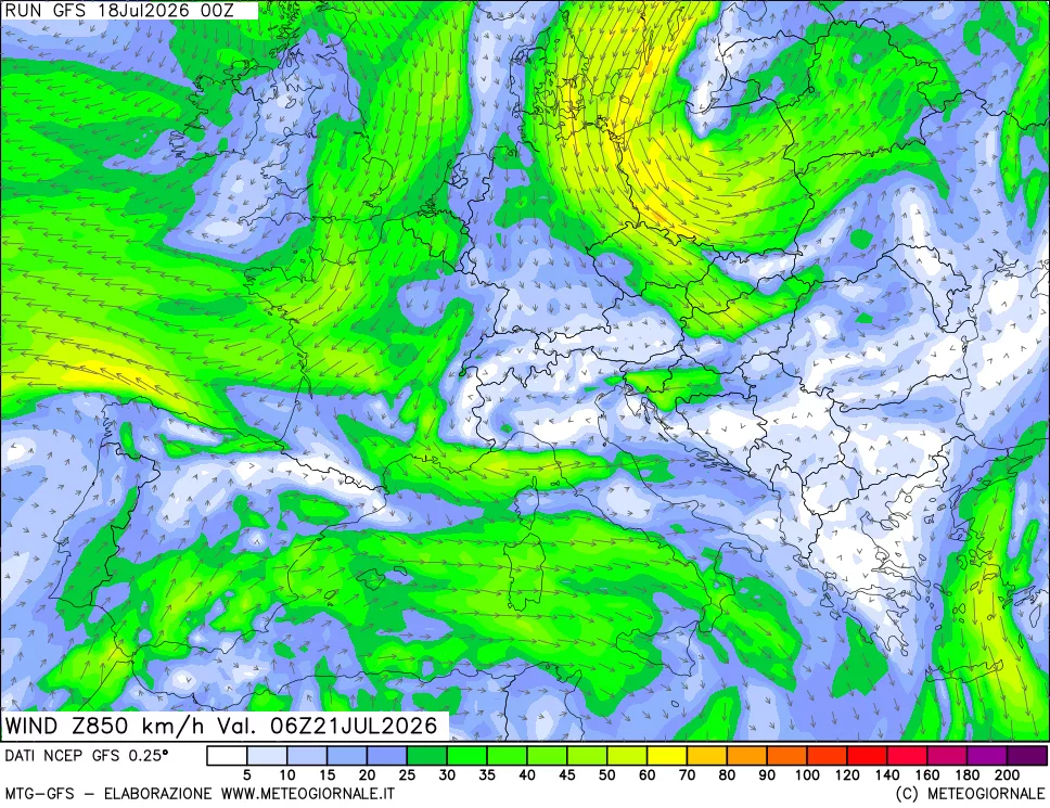 mappa 850 hPa Vento forza e direzione