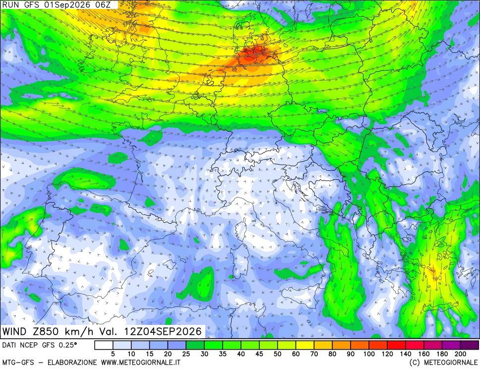 mappa 850 hPa Vento forza e direzione