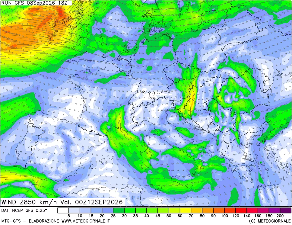 mappa 850 hPa Vento forza e direzione