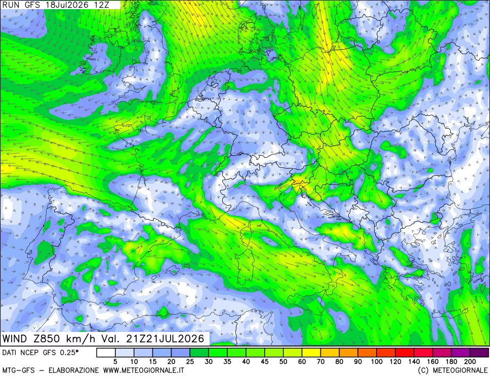mappa 850 hPa Vento forza e direzione