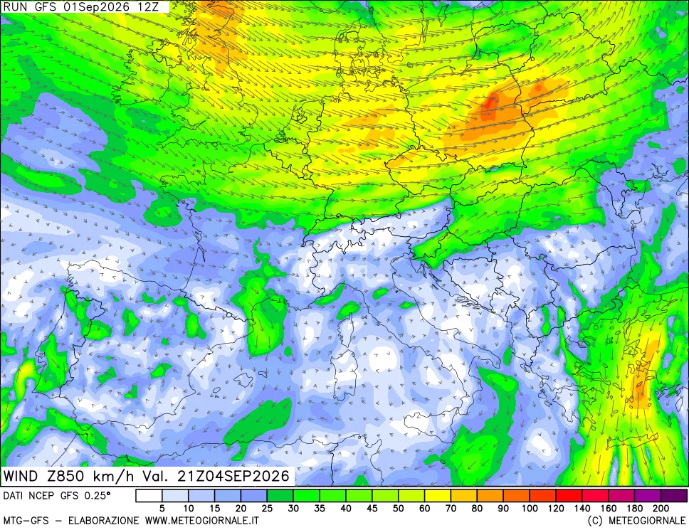 mappa 850 hPa Vento forza e direzione