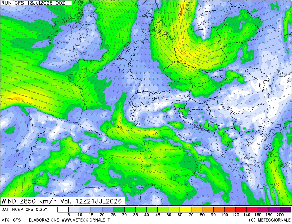 mappa 850 hPa Vento forza e direzione