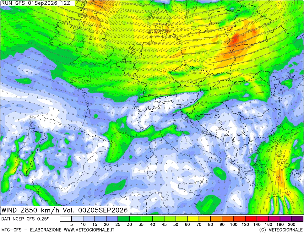 mappa 850 hPa Vento forza e direzione
