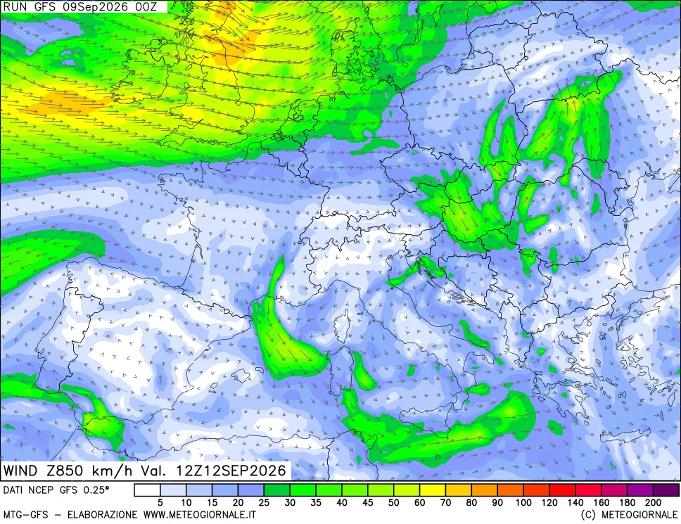 mappa 850 hPa Vento forza e direzione