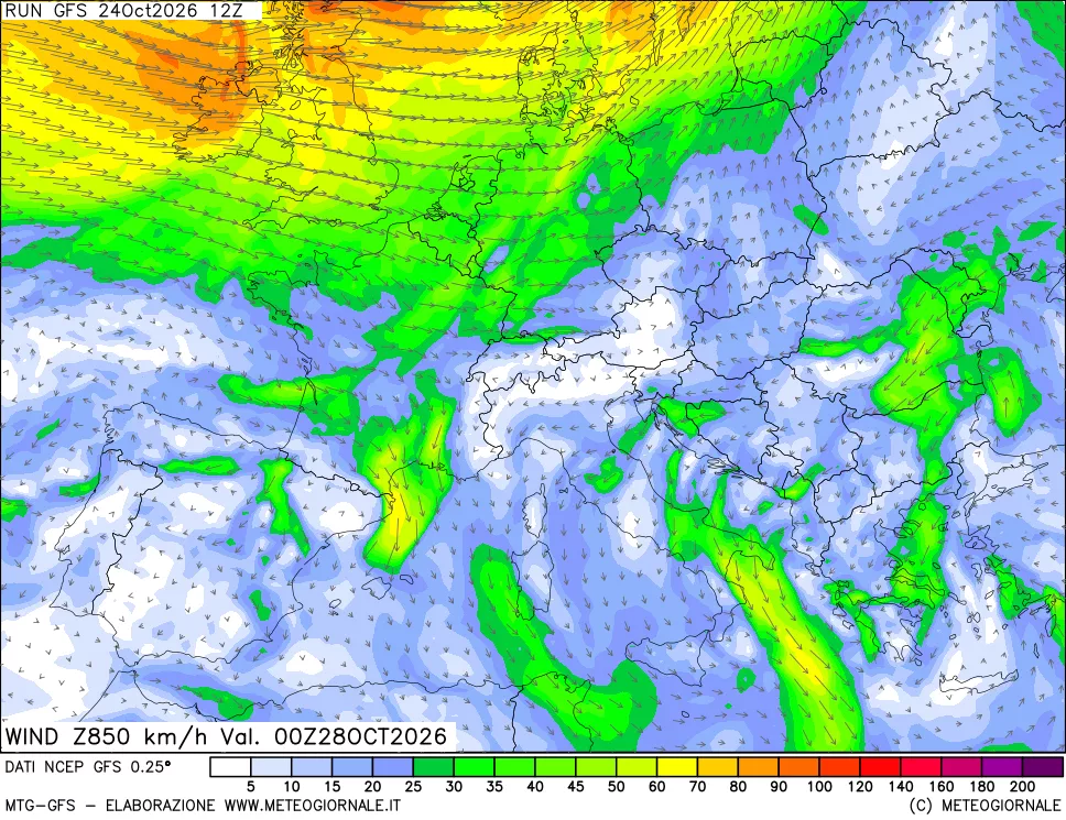 mappa 850 hPa Vento forza e direzione