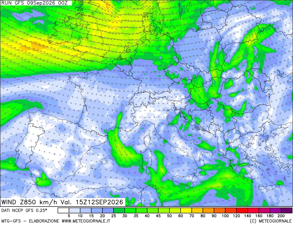 mappa 850 hPa Vento forza e direzione