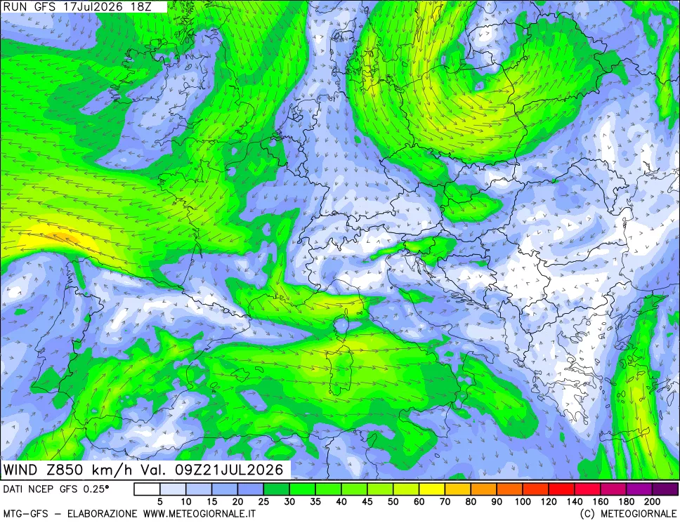 mappa 850 hPa Vento forza e direzione