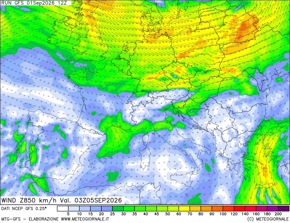 mappa 850 hPa Vento forza e direzione